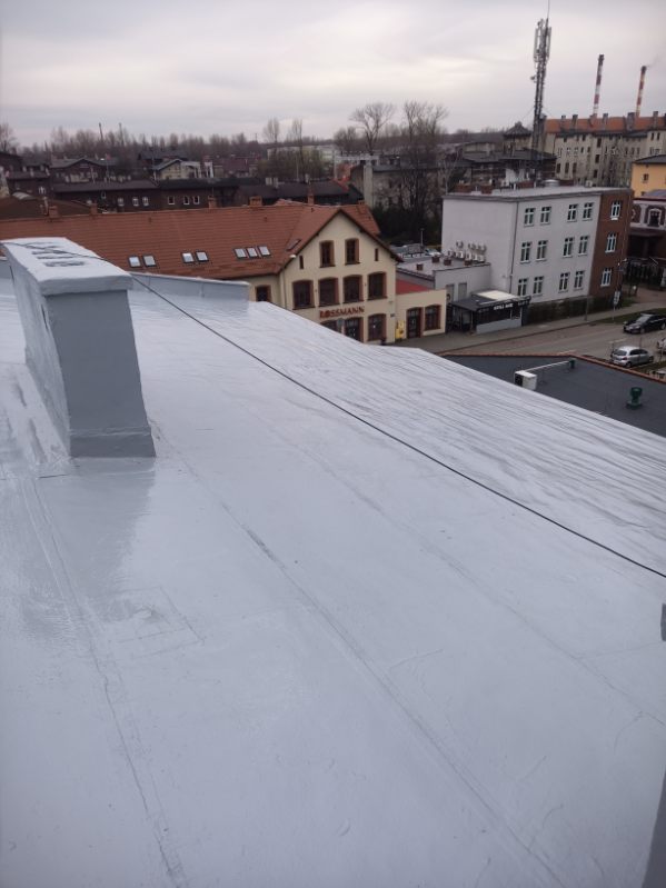 Jednolita hydroizolacja dachu na tle panoramy miasta